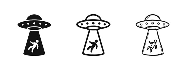 UFO Alien Abduction Icon Set Featuring Spaceship and Beam in Three Artistic Styles © drawing lines