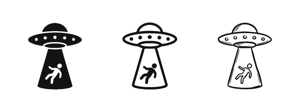 UFO Alien Abduction Icon Set Featuring Spaceship and Beam in Three Artistic Styles
