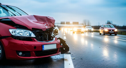 Naklejka premium Damaged Red Car After Road Accident on Wet Highway at Dusk, Vehicle Collision Aftermath