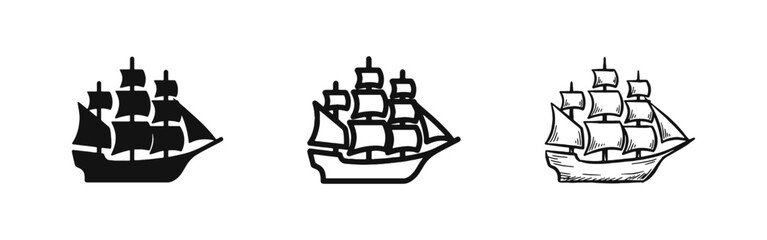 Sailing Ship and Vintage Maritime Ocean Travel Icons Set © drawing lines