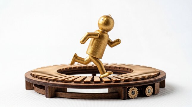 A golden figurine of a person running on a wooden wheel, symbolizing a busy and stressful work life