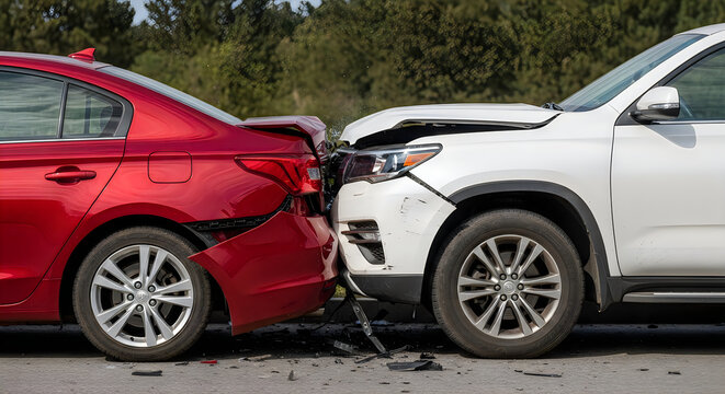 Car Accident: Rear-end Collision Between Red Sedan and White SUV on Roadside, Damaged Vehicles, Daytime