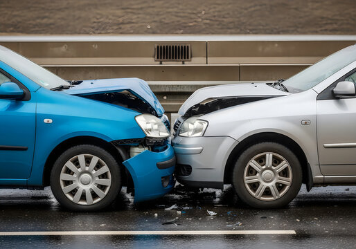 Two cars in a head-on collision on a wet road, metal crumpled and debris scattered, insurance concept
