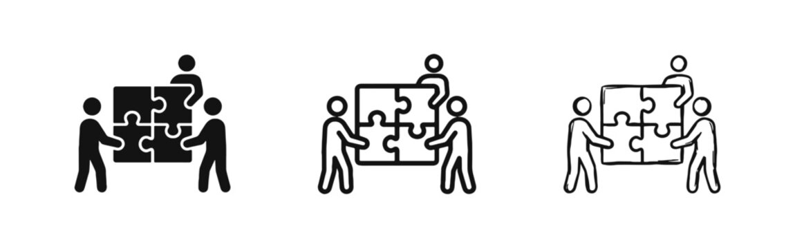 Teamwork icon set showing people assembling puzzle pieces in glyph, outline, and sketch styles isolated on white