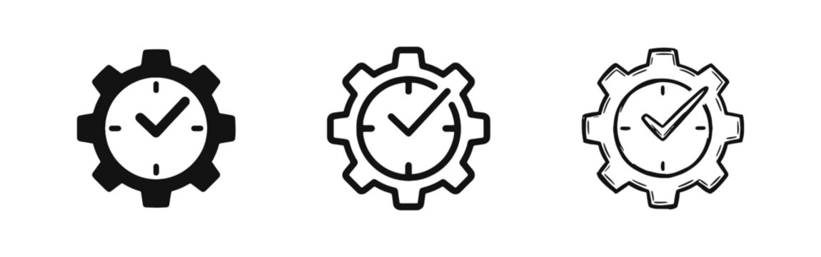 Efficiency icon set with gear and clock face in glyph, outline, and hand-drawn sketch styles isolated on white