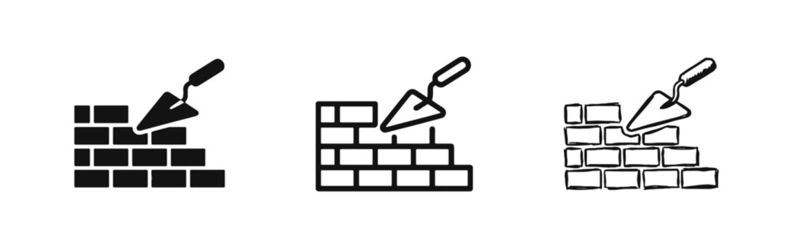 Brick Wall and Trowel Icon Set - Construction and Masonry Symbols