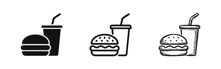 Plakat Fast Food Burger and Drink Icon Set in Solid, Line, and Sketch Styles