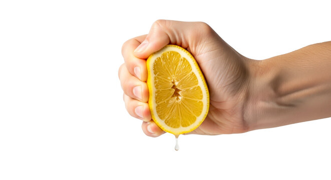Hand squeezing orange half, juice dripping, isolated on a transparent background