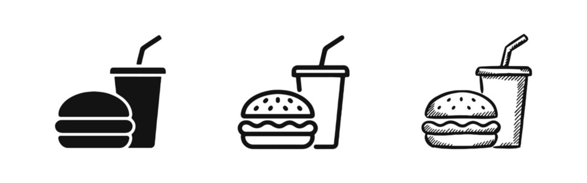 Fast Food Burger and Drink Icon Set in Solid, Line, and Sketch Styles