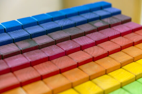Colorful wooden blocks are commonly used for early childhood learning and creative play at kindergarten.