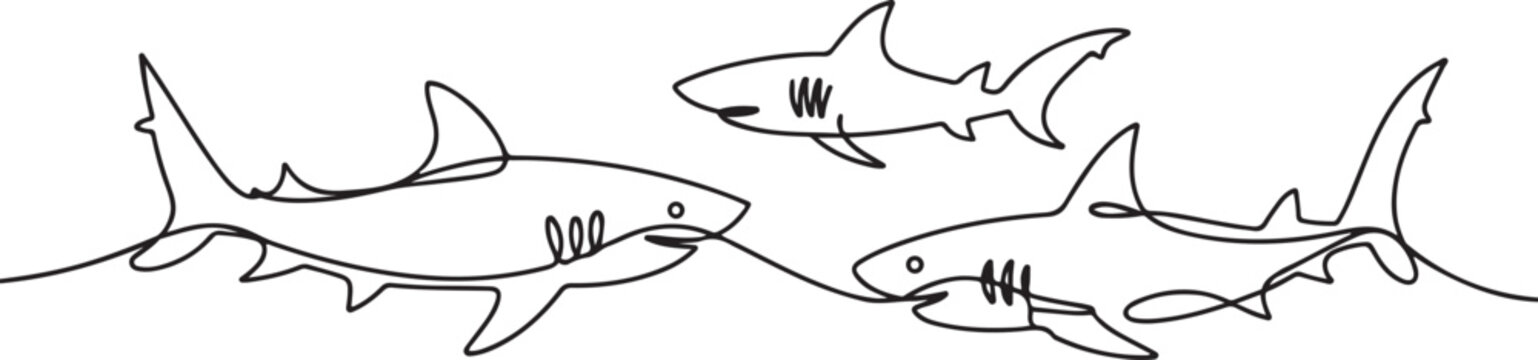 vector sharks drawn in line-continuous line drawing. one line Icon drawing
