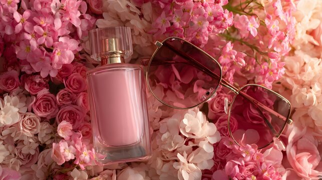 Pink perfume bottle and sunglasses amongst a lush bed of pink flowers
