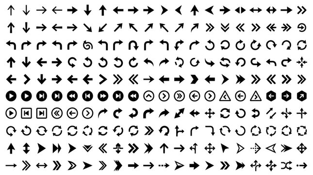Black arrow bold icon set collection with various shapes and symbols displayed.