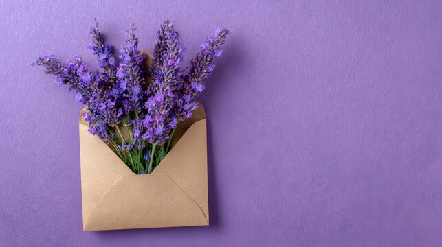 Lavender bouquet in kraft envelope on a purple background flat lay