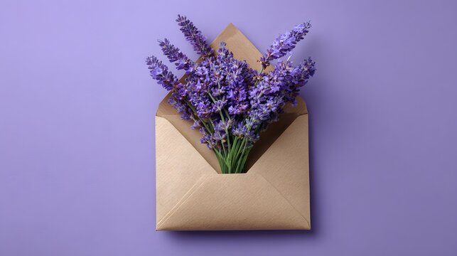 Lavender bouquet in an open kraft envelope on a purple background
