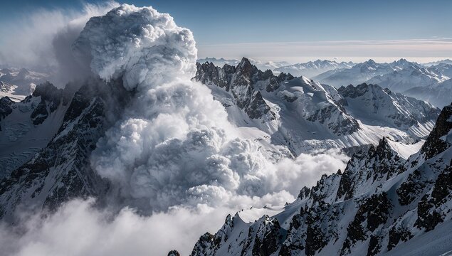 Massive snow avalanche cascading down a steep mountain peak at sunset