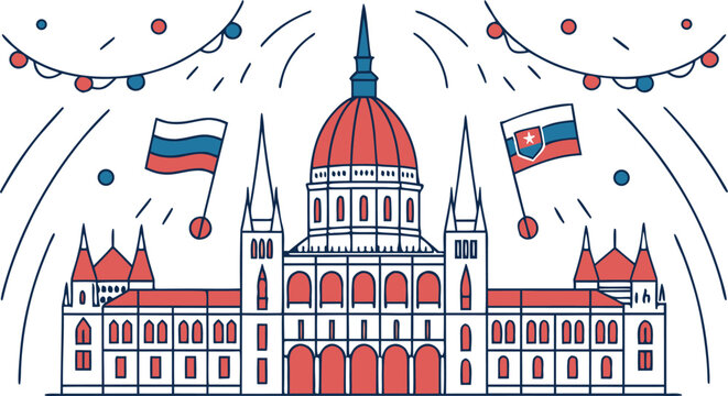 Of slovak parliament building with national flags and festive garlands