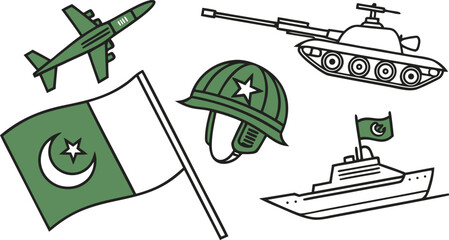 Pakistan flag, military tank, fighter jet, helmet, and warship © Stock Fire