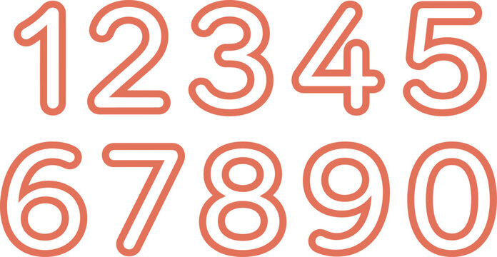Minimalist outline numbers set from 0 to 9, modern terracotta orange numeric vector icons, clean line art digits for typography and counting
