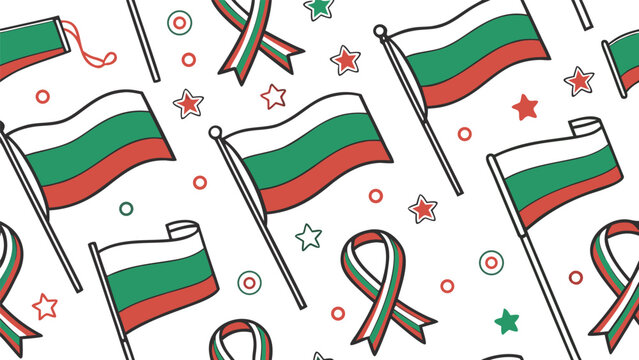 Seamless pattern of bulgarian flags, ribbons, and stars on white