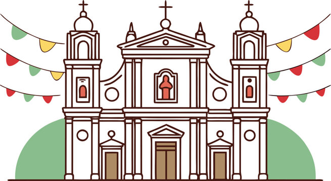Hand drawn of a colonial church with festive bunting flags