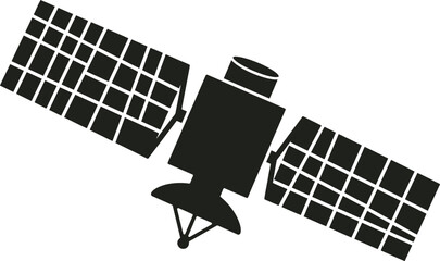Black satellite vector icon with solar panels, orbital spacecraft silhouette for telecommunications, aerospace technology and global navigation symbol © SKYD RIVE
