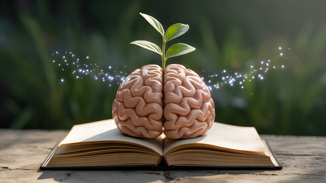 A brain with a small plant growing from it, sitting on an open book with sparkles around it