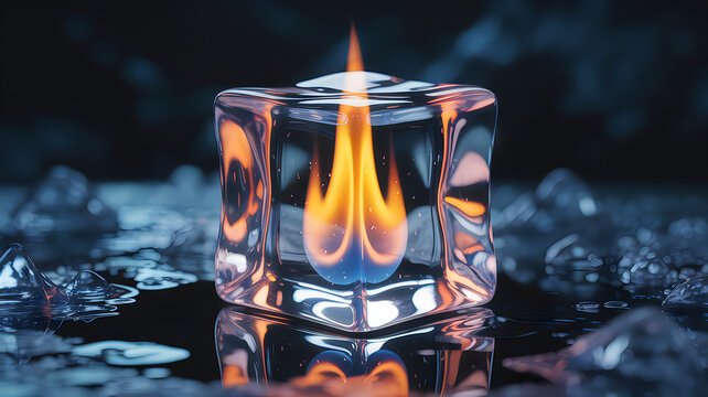 A realistic flame trapped inside a transparent ice cube on a dark reflective surface fire