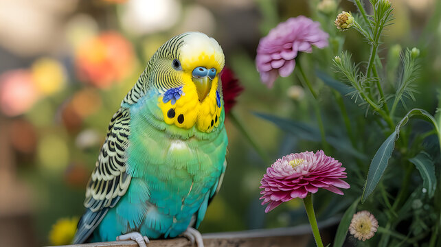 Colorful budgerigar perched near vibrant flowers, looking directly at the camera parakeet bird