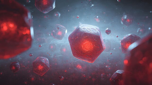Red geometric crystals floating in a dark abstract space 3d render