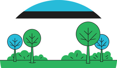 Fototapeta premium Flat landscape with green and blue trees, bushes, and a sun in a semicircle frame