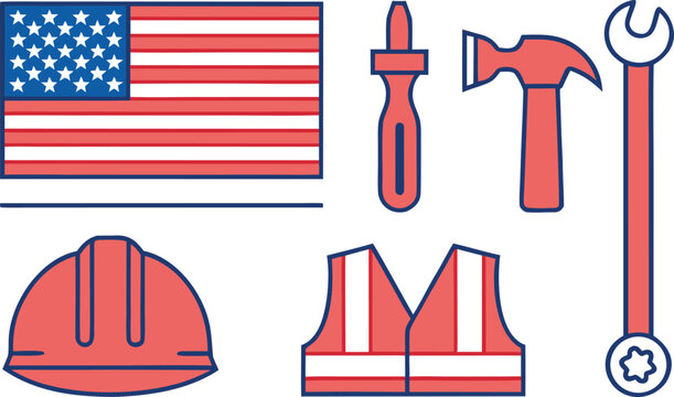 United states flag and construction tools, flat american flag