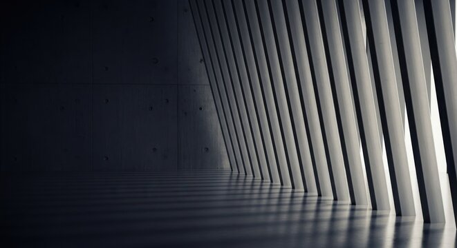 Abstract architectural perspective of parallel metallic lines creating a futuristic tunnel effect with subtle reflections