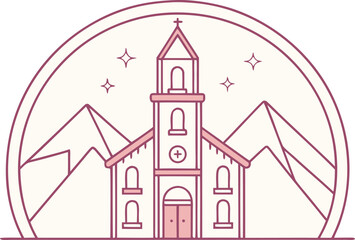 Fototapeta premium Minimalist of a church with mountains in a circle chapel