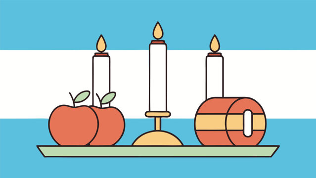Rosh hashanah with candles, apples, and challah on argentina flag background