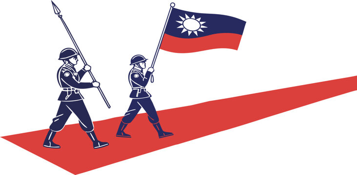 Soldiers in uniform marching with taiwan national flags on red carpet