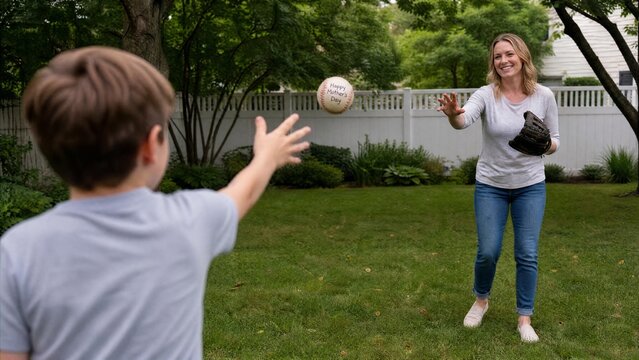 Joyful Mother and Son Playing Catch with Happy Mother's Day Baseball in Backyard