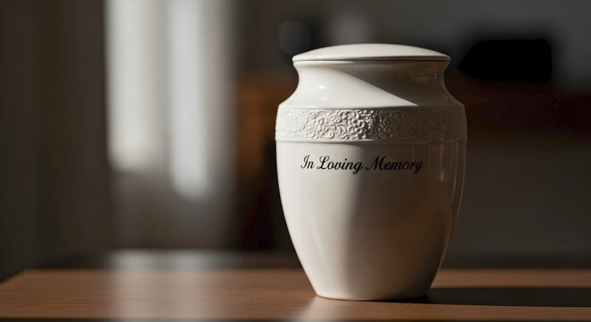 A serene ceramic urn with ashes, inscribed In Loving Memory, sits on a polished wooden table. This elegant urn with ashes beautifully captures a sense of remembrance, bathed in gentle light.