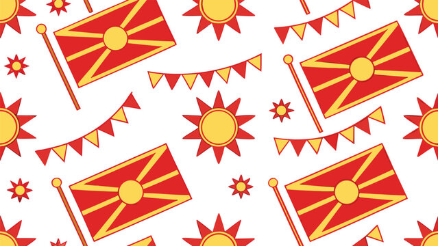 Seamless pattern with north macedonia flags, sun symbols, and bunting