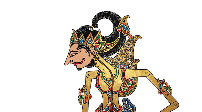 Elegant Wayang Kulit shadow puppet profile isolated on white. Traditional Indonesian ornate craftsmanship, vivid colors and intricate leather cutout design reflecting cultural heritage, widescreen.