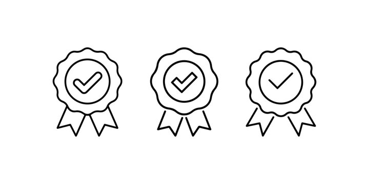Three medal icons with check mark, symbolizing award, achievement, success, quality, and certification, representing recognition and verification, vector illustration.