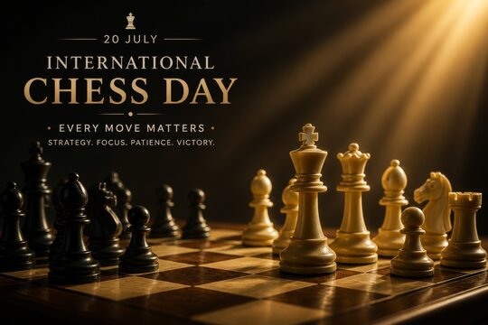 White and black chess pieces arranged on a wooden board for International Chess Day. Strategy board game concept with competitive light and shadow. Professional sport event poster.