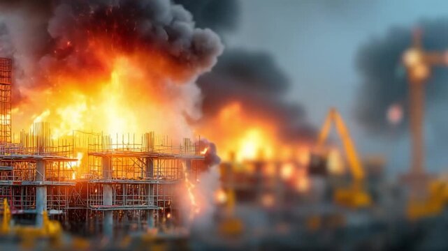Inferno in Construction: Flames engulf a building site, igniting an inferno that rages, creating a dramatic scene of destruction and chaos.