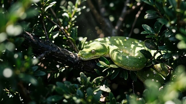 Vibrant Green Tree Python with Detailed Emerald Scales and Vertical Slit Pupil Resting on Mossy Branch Amid Dappled Sunlight and Dense Rainforest Foliage