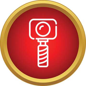 White outline of an action camera mounted on a monopod on a red and gold button