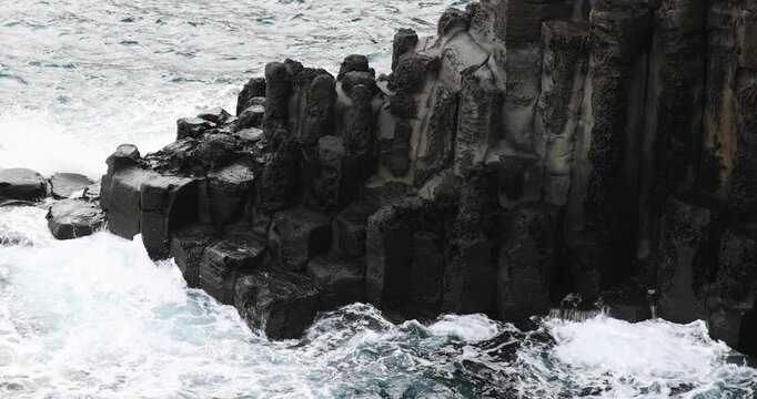 Daepo Jusangjeolli Cliff landscape, Jeju island, volcanic rock formation, Jeju-do, South Korea, Ieodo-ro, Seogwipo, Jeju Province, Columnar jointing view with waves and sea, Korean Natural Monument