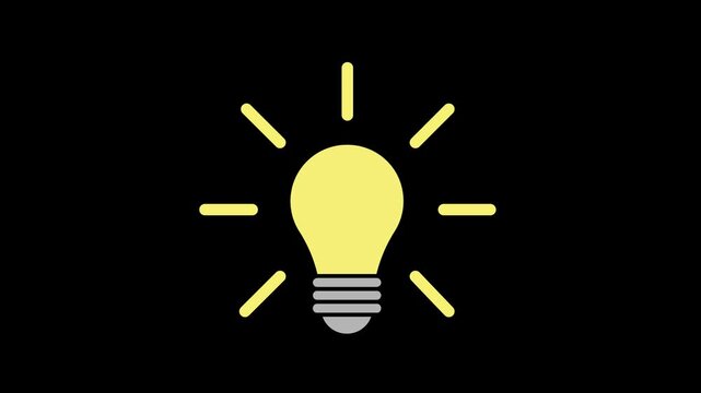 Animated glowing yellow light bulb icon on black background representing creative thinking startup ideas business innovation and professional brainstorming session concepts.
