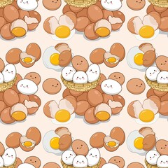 Fototapeta premium Cute Egg Seamless Pattern Kawaii Cartoon Chicken Eggs with Funny Faces and Cracked Egg Yolks Background for Bakery Food Wallpaper and Fabric Design