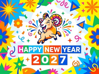 Naklejka premium Happy New Year 2027 greeting card with a cute cartoon goat character and colorful festive abstract background