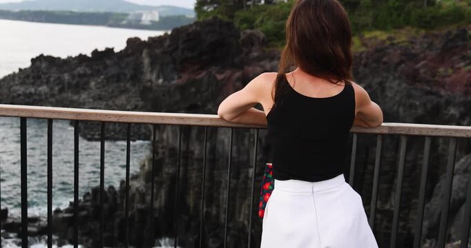 Daepo Jusangjeolli Cliff landscape, Jeju island, volcanic rock formation, Jeju-do, South Korea, Ieodo-ro, Seogwipo, Jeju Province, Columnar jointing view with waves and sea, Korean Natural Monument